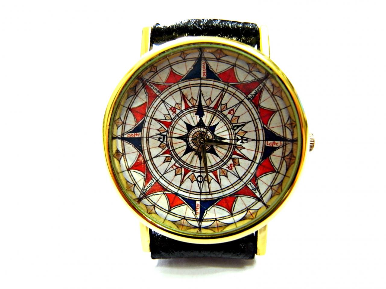Compass Leather Wrist Watch, Woman Man Lady Unisex Watch, Genuine Leather Handmade Unique Watch #125