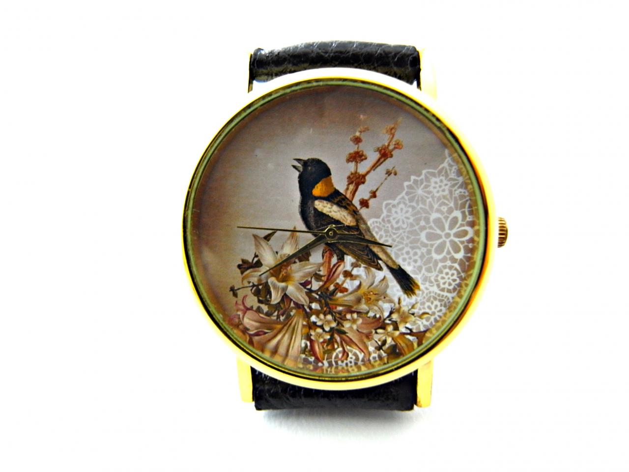 Bird Lace Leather Wrist Watch, Woman Man Lady Unisex Watch, Genuine Leather Handmade Unique Watch #126