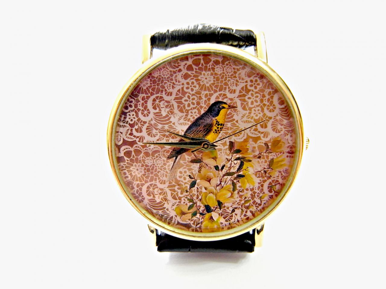 Bird Lace Leather Wrist Watch, Woman Man Lady Unisex Watch, Genuine Leather Handmade Unique Watch #127