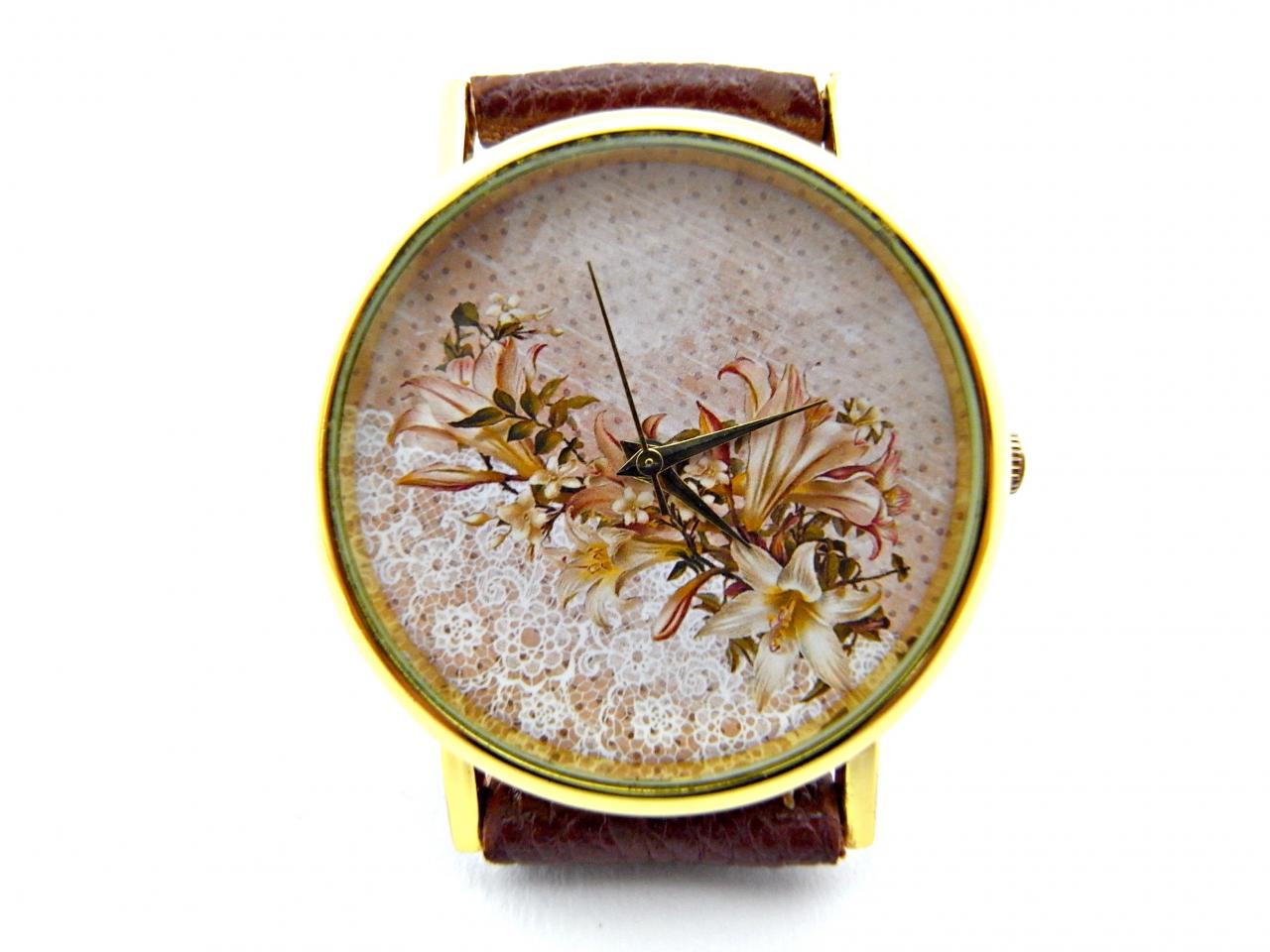 Lace Flower Leather Wrist Watch, Woman Man Lady Unisex Watch, Genuine Leather Handmade Unique Watch #129