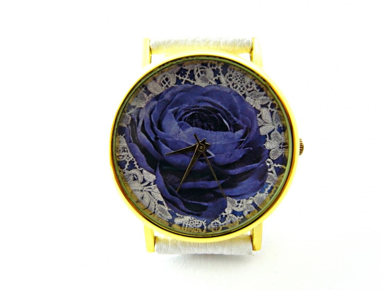 Rose Lace Leather Wrist Watch, Woman Man Lady Unisex Watch, Genuine Leather Handmade Unique Watch #130
