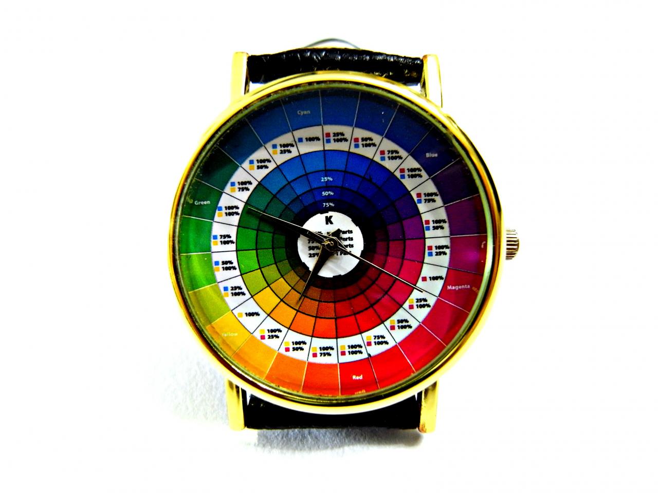 Color Wheel Leather Wrist Watch, Woman Man Lady Unisex Watch, Genuine Leather Handmade Unique Watch #182
