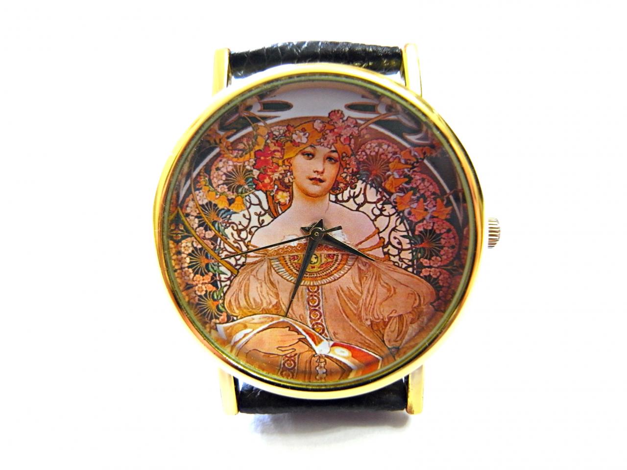 Alphonse Mucha Art Leather Wrist Watch, Woman Man Lady Unisex Watch, Genuine Leather Handmade Unique Watch #192