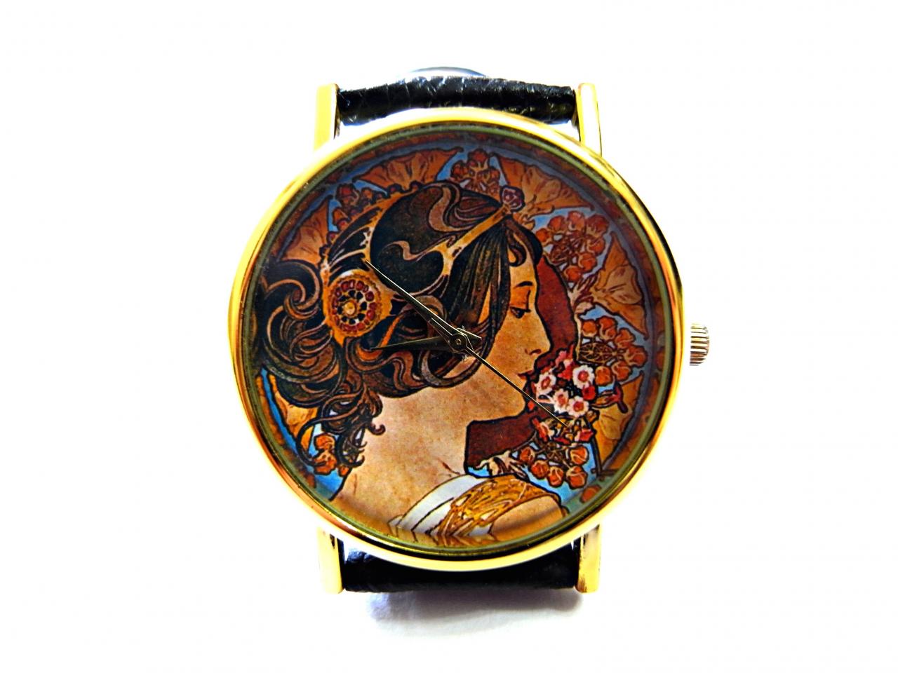 Alphonse Mucha Art Leather Wrist Watch, Woman Man Lady Unisex Watch, Genuine Leather Handmade Unique Watch #193