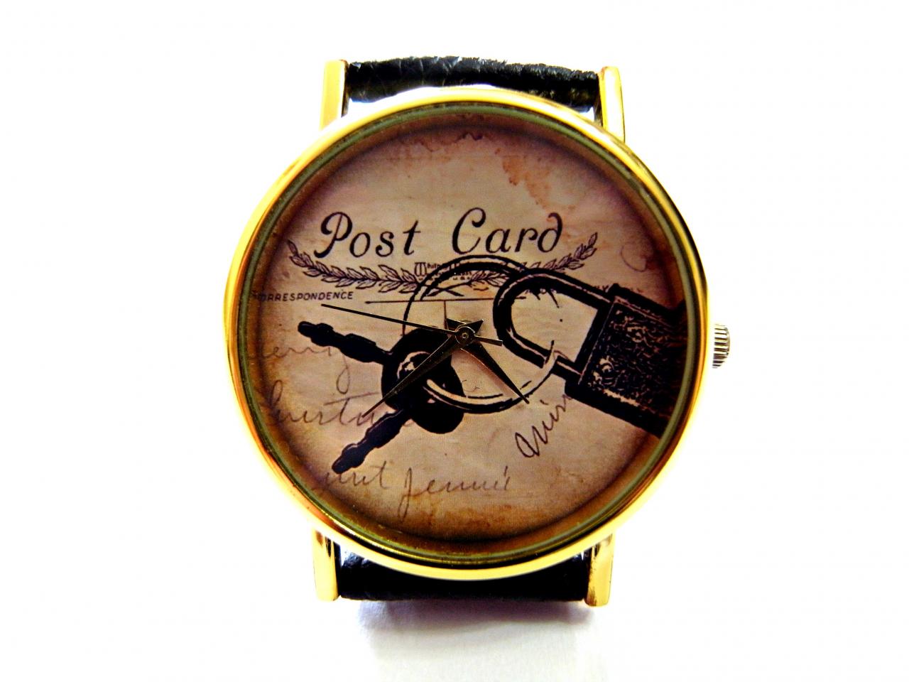Vintage Keys Leather Wrist Watch, Woman Man Lady Unisex Watch, Genuine Leather Handmade Unique Watch #198