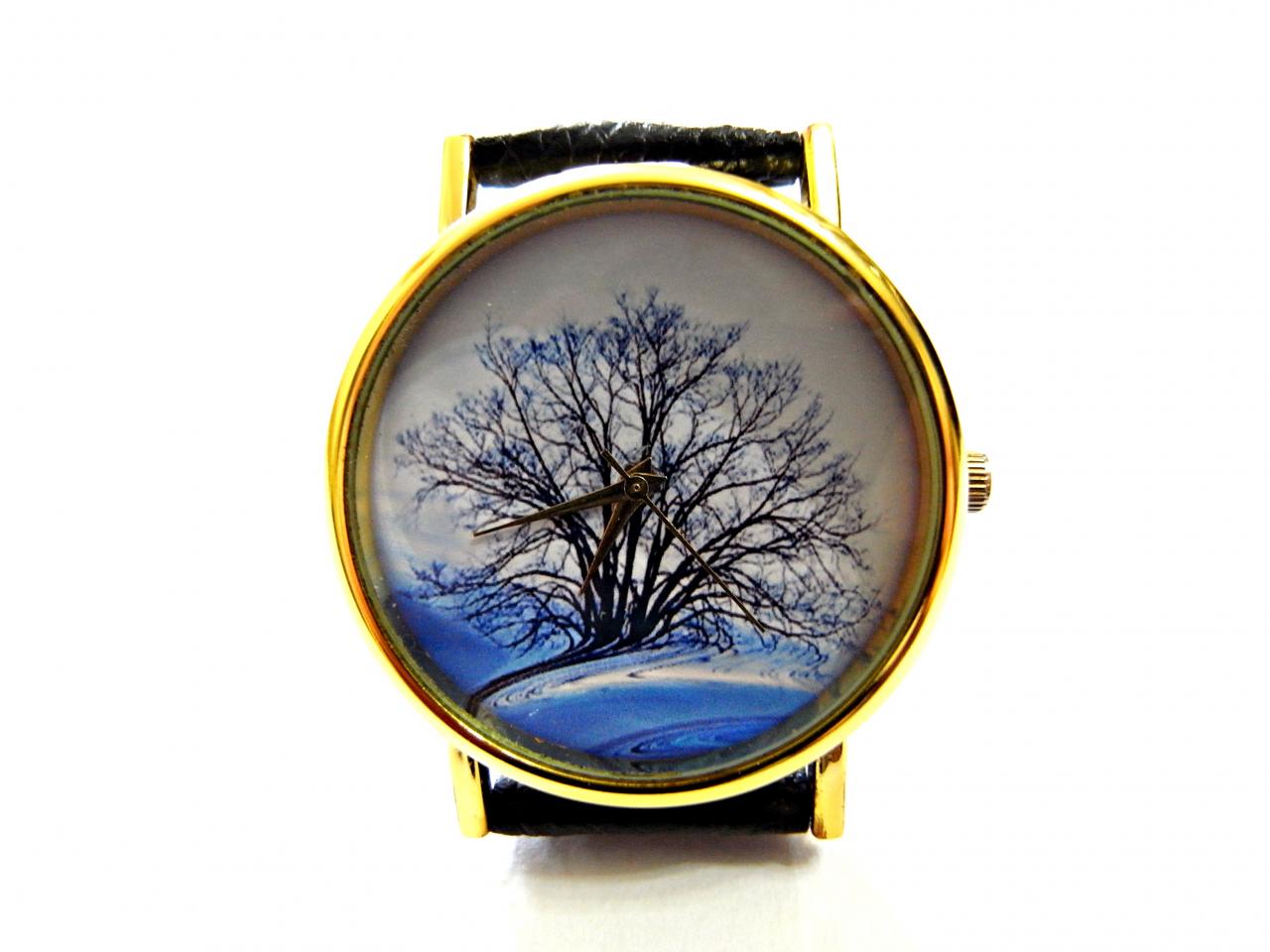 Tree Art Leather Wrist Watch, Woman Man Lady Unisex Watch, Genuine Leather Handmade Unique Watch #205