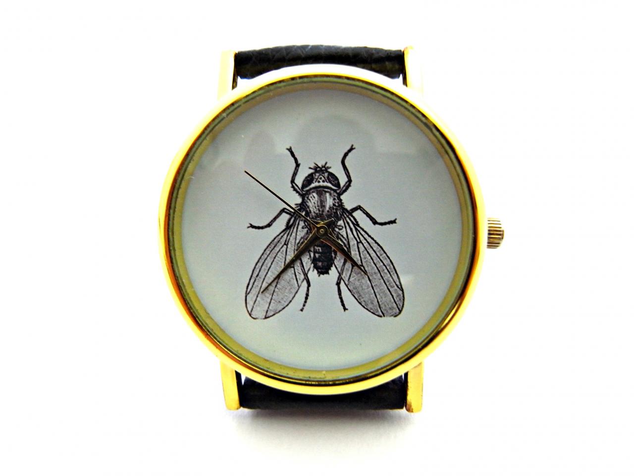 Fly Insect Leather Wrist Watch, Woman Man Lady Unisex Watch, Genuine Leather Handmade Unique Watch #211