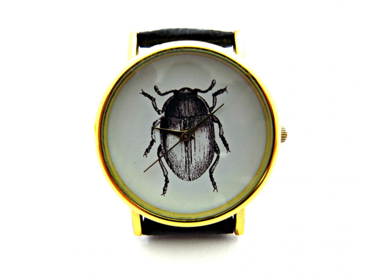 Beetle Insect Leather Wrist Watch, Woman Man Lady Unisex Watch, Genuine Leather Handmade Unique Watch #214