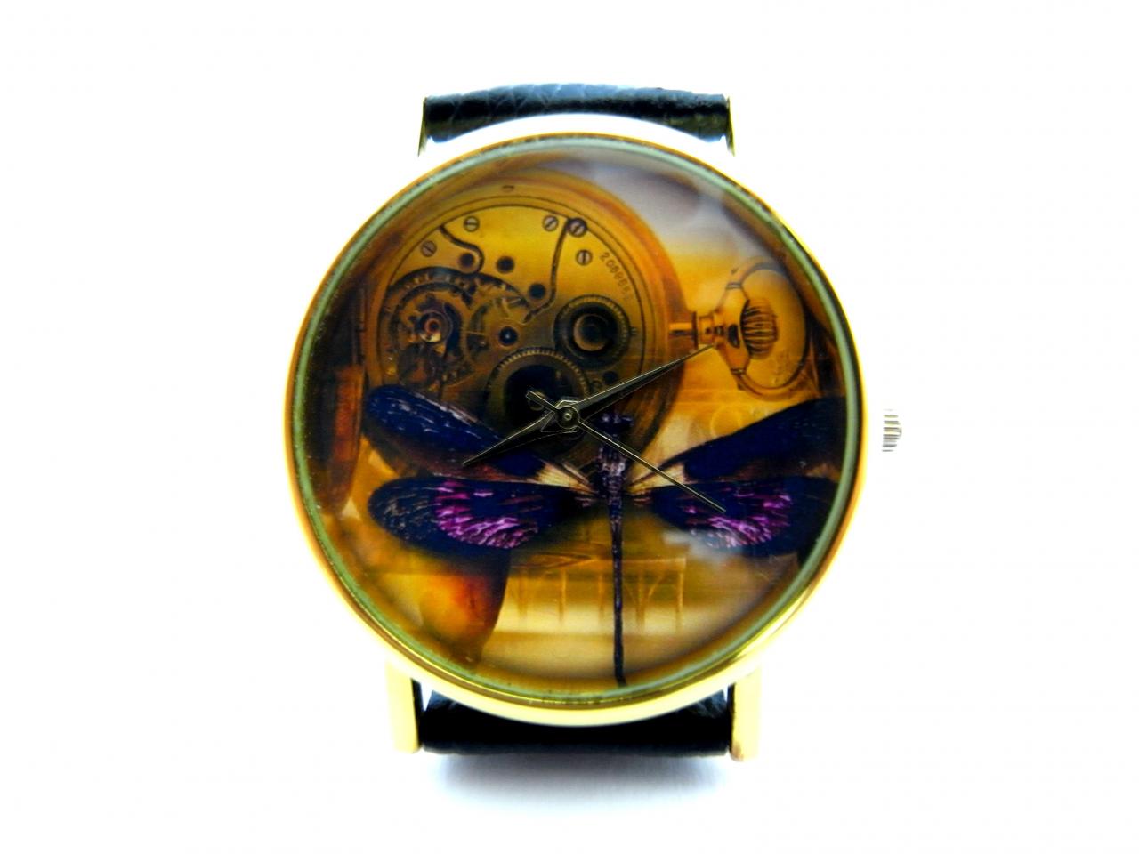Steampunk Dream Dragonfly Leather Wrist Watch, Woman Man Lady Unisex Watch, Genuine Leather Handmade Unique Watch #216