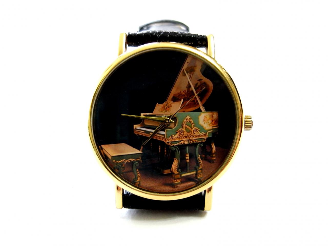 Piano Wrist Watch, Woman Man Lady Unisex Watch, Genuine Leather Handmade Unique Watch #229