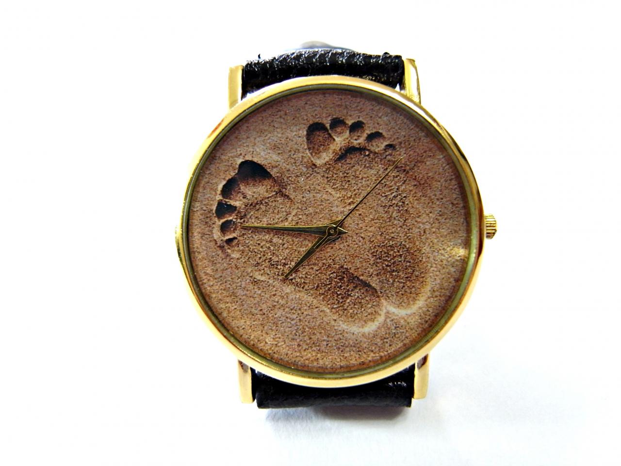Written In The Sand Footprints Wrist Watch, Woman Man Lady Unisex Watch, Genuine Leather Handmade Unique Watch #239