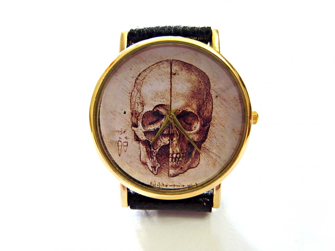 Leonardo Da Vinci Skull Sketch Wrist Watch, Woman Man Lady Unisex Watch, Genuine Leather Handmade Unique Watch #240
