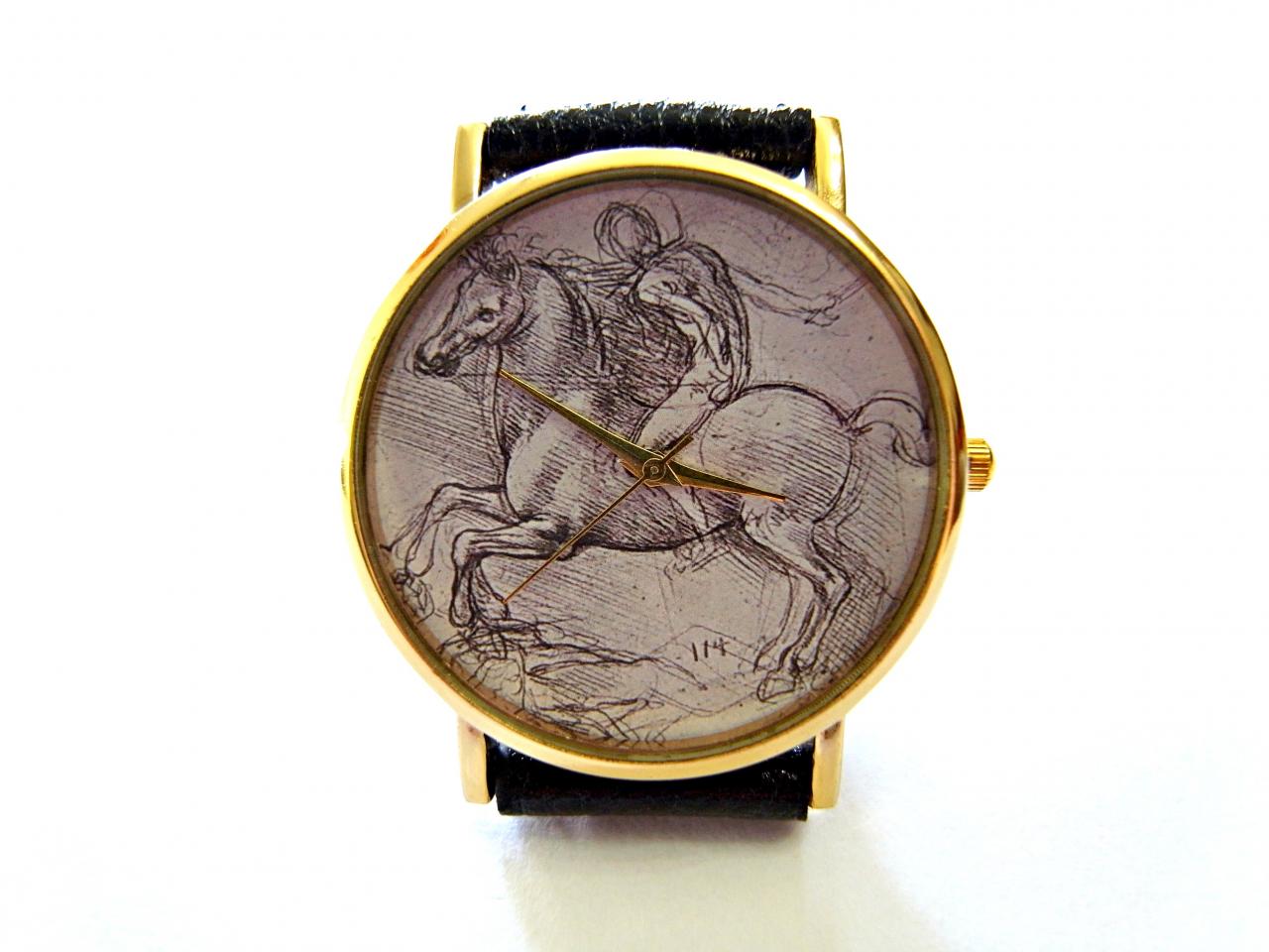 Leonardo Da Vinci Horse Riding Sketch Wrist Watch, Woman Man Lady Unisex Watch, Genuine Leather Handmade Unique Watch #241