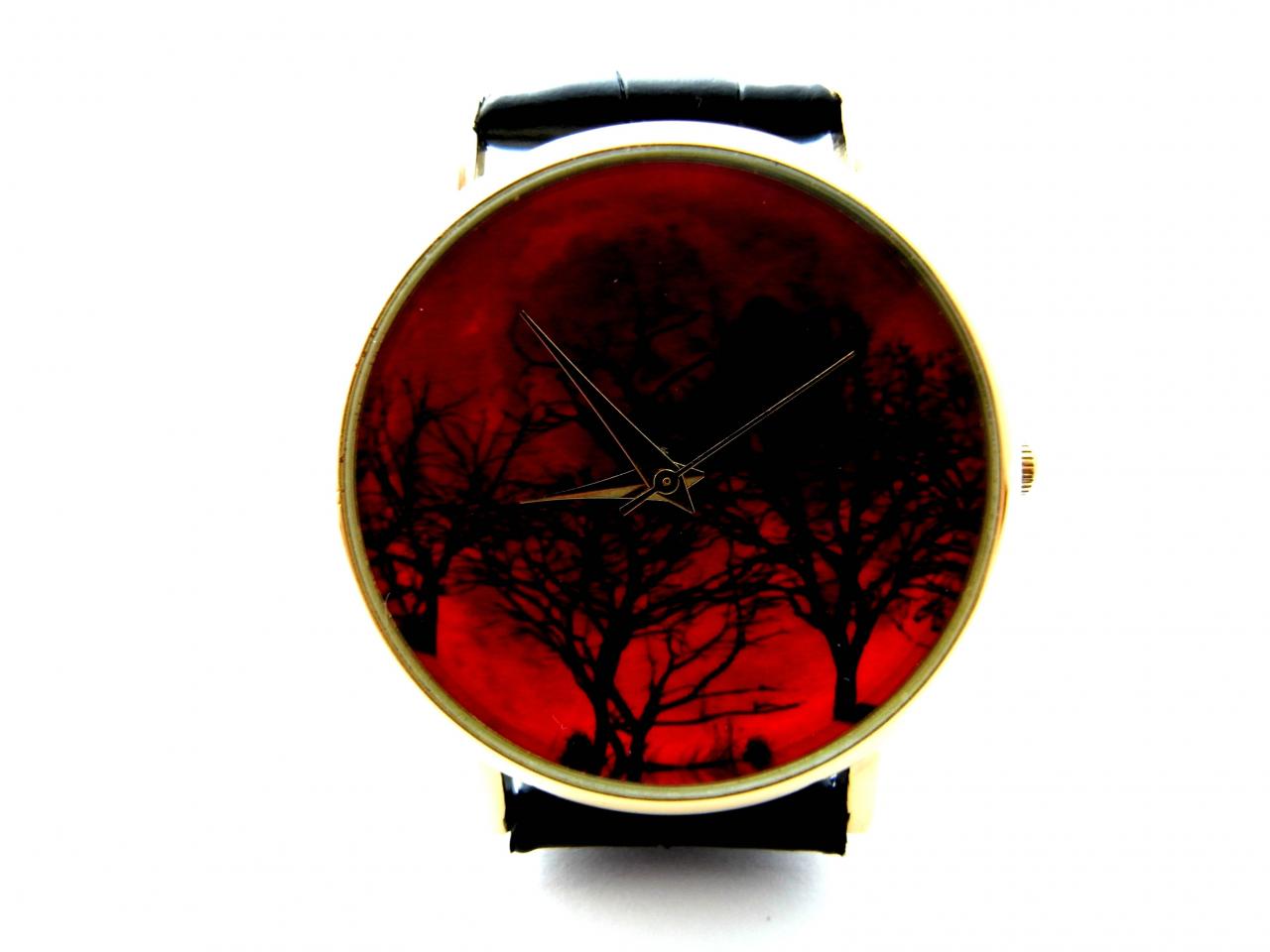 Gothic Red Forest Wrist Watch, Woman Man Lady Unisex Watch, Genuine Leather Handmade Unique Watch #257