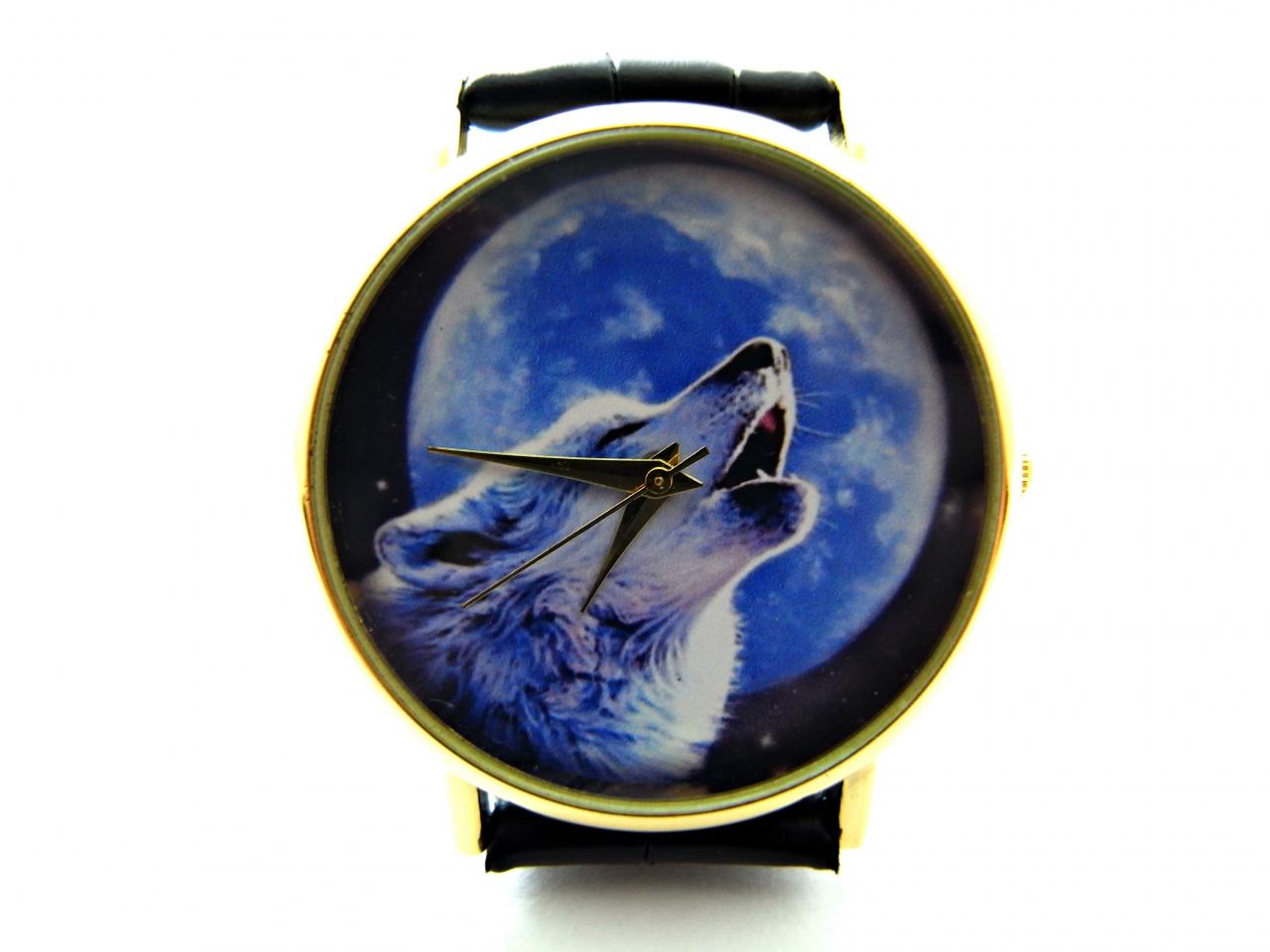 Wolf Wrist Watch, Woman Man Lady Unisex Watch, Genuine Leather Handmade Unique Watch #276