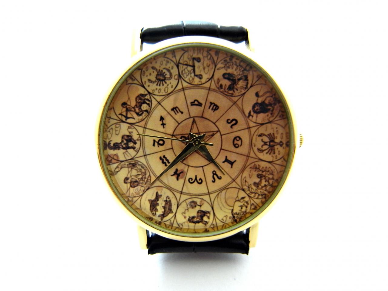 Zodiac Signs Wrist Watch, Woman Man Lady Unisex Watch, Genuine Leather Handmade Unique Watch #296