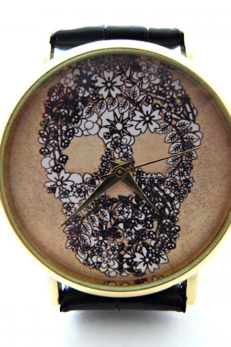 Gothic Steampunk Skull Wrist Watch, Woman Man Lady Unisex Watch, Genuine Leather Handmade Unique Watch #273