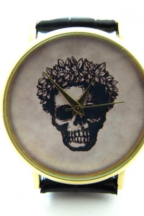 Victorian Gothic Funny Skull Wrist Watch, Woman Man Lady Unisex Watch, Genuine Leather Handmade Unique Watch #287