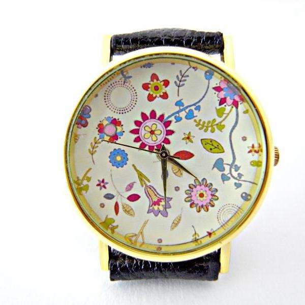 Flower Leather Wrist Watches, Woman Man Lady Unisex Watch, Genuine ...